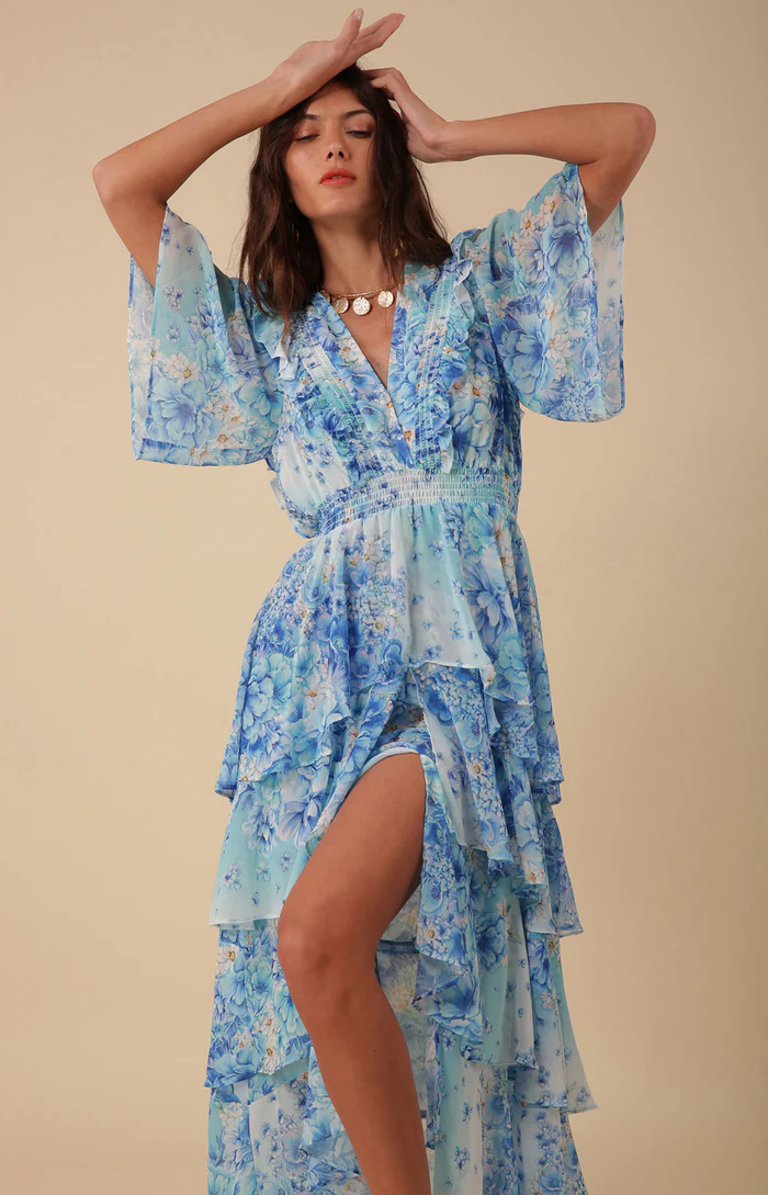 BŁĘKITNA SUKIENKA W KWIATY HALE BOB