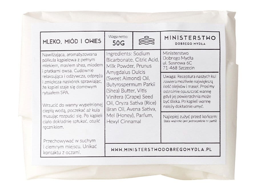 Ministerstwo Dobrego Mydła Półkula kąpielowa mleko, miód i owies 60 g OUTLET (data do 15.08.24r.)