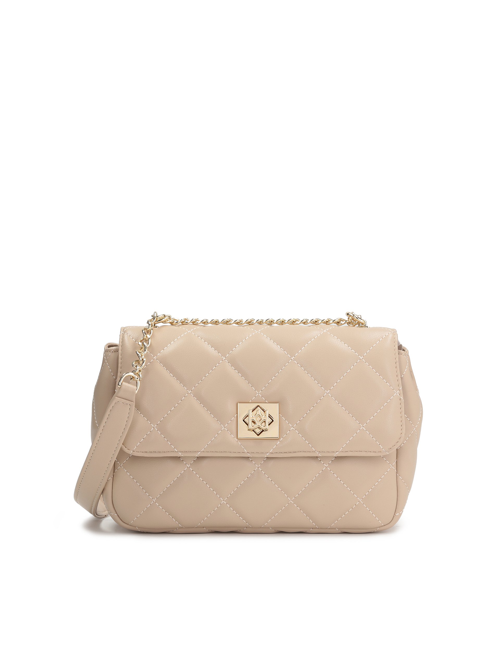 Pikowana beżowa torebka damska z przekręcanym zapięciem