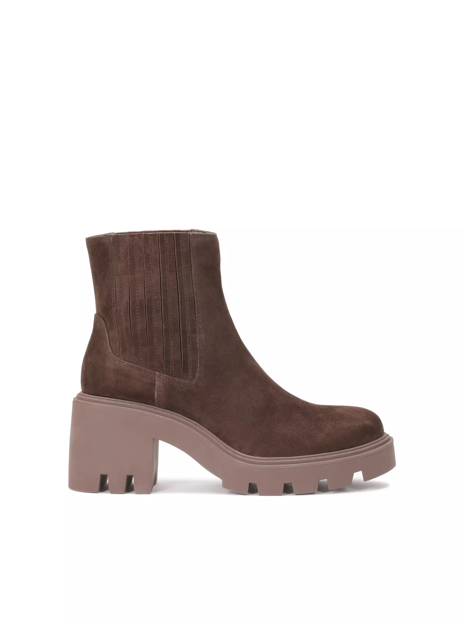 Brązowe botki na klocku z zamszowe skóry