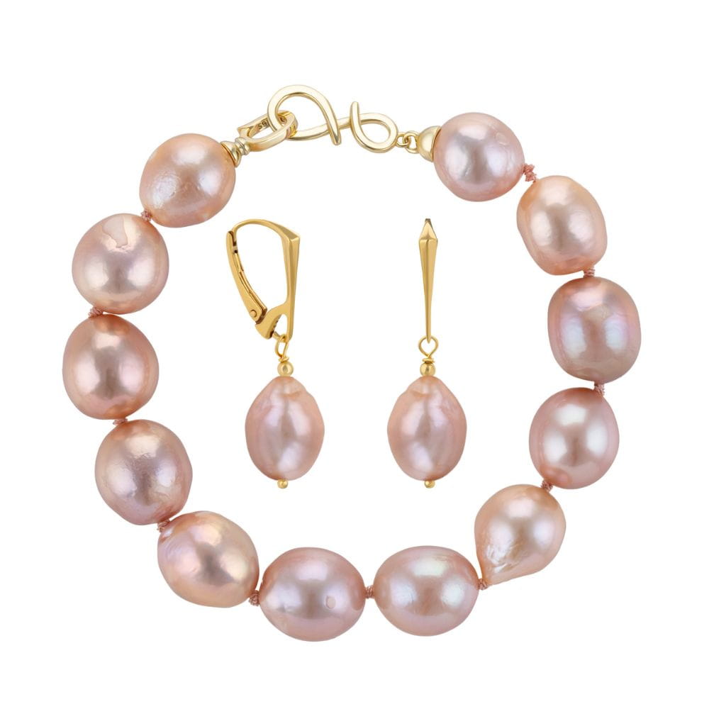 NELLIE ROSE Komplet bransoletka kolczyki duże różowe perły barokowe owalne srebro