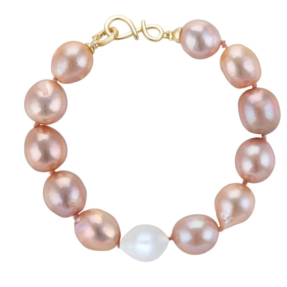 NELLIE ROSE DOT Bransoletka duże perły barokowe różowe białe owalne zapięcie srebro