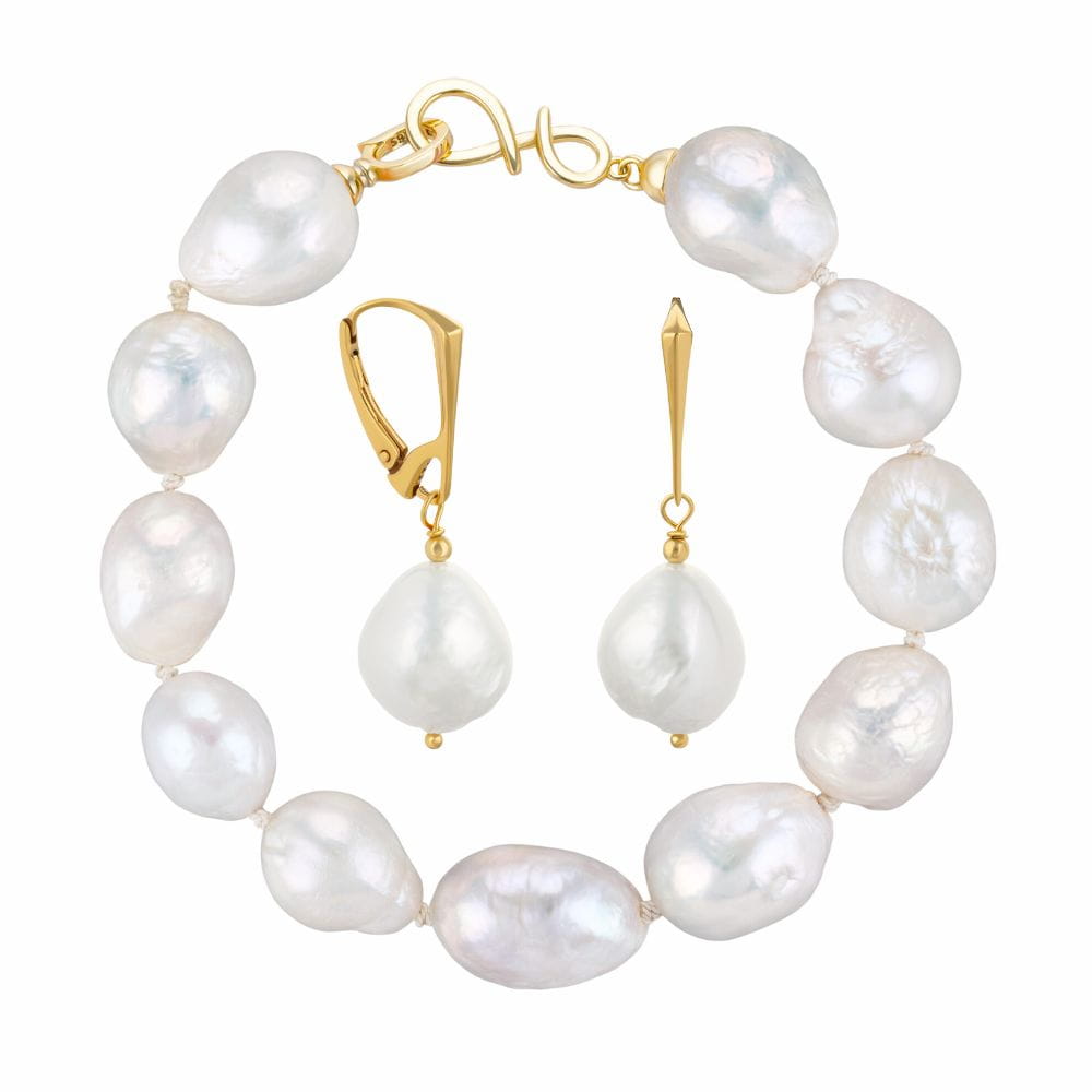 NELLIE Komplet bransoletka kolczyki duże białe perły barokowe owalne srebro