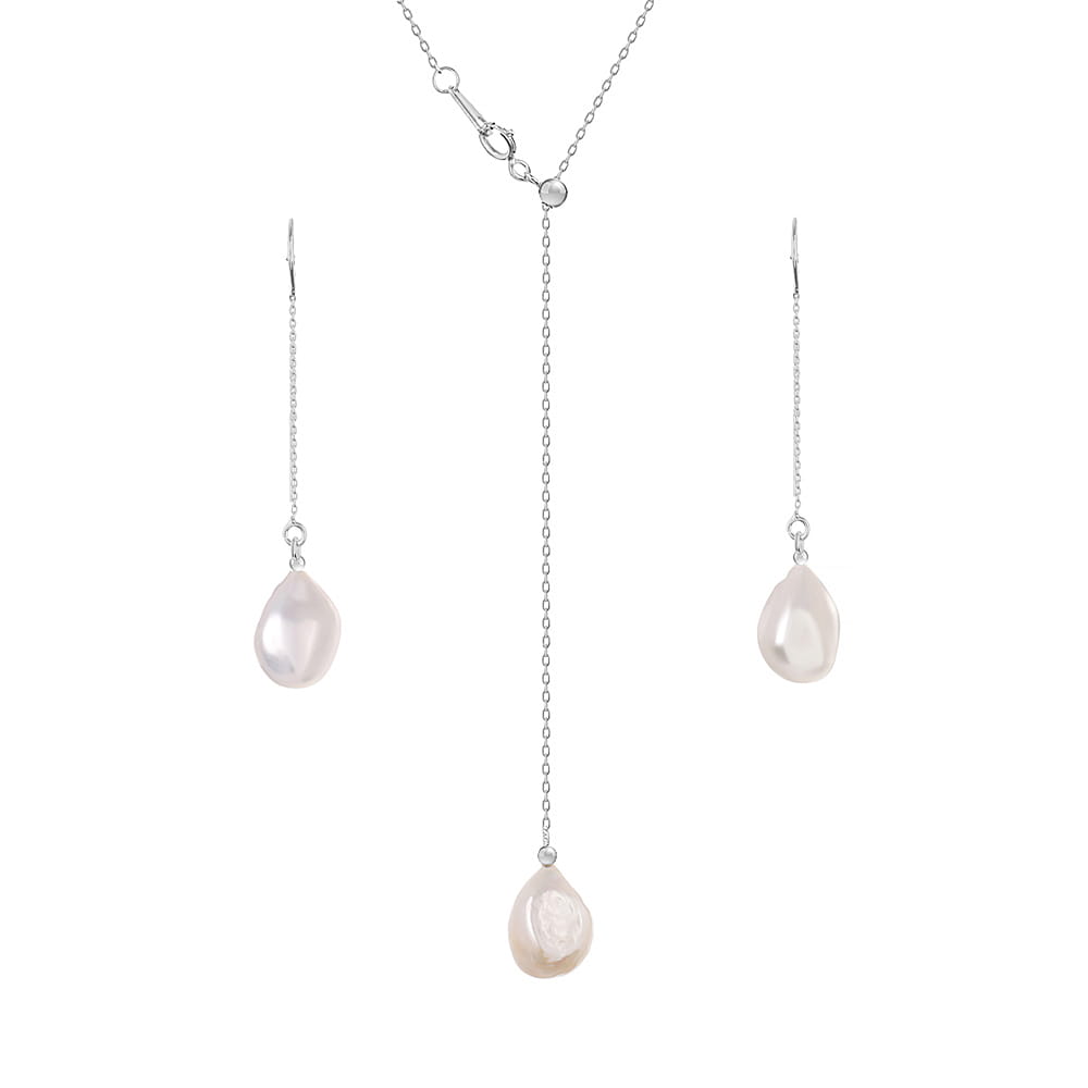 CRISTA DROP Komplet naszyjnik kolczyki srebrne perła duża biała naturalna