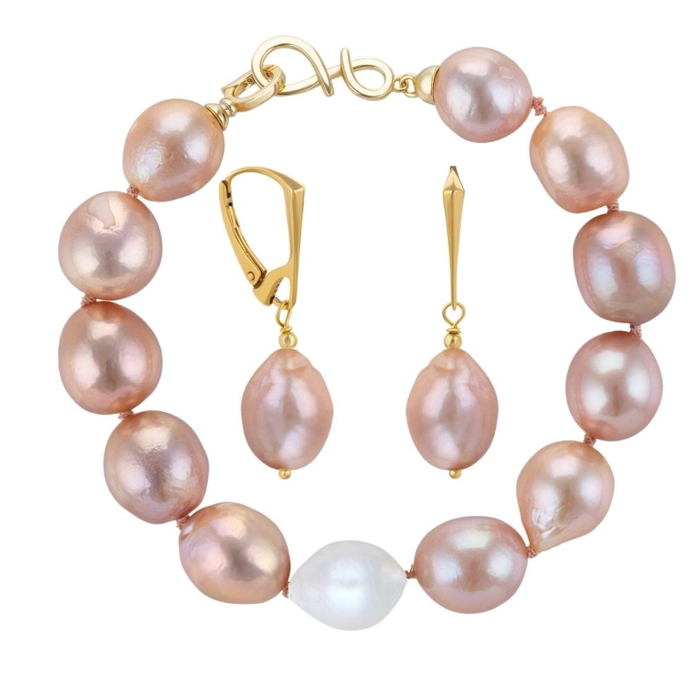 NELLIE ROSE DOT Komplet bransoletka kolczyki duże różowe białe perły barokowe owalne srebro 01