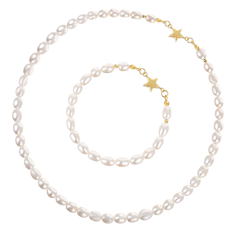 ADA STAR Komplet bransoletka i naszyjnik małe perły naturalne zapięcie pozłacane