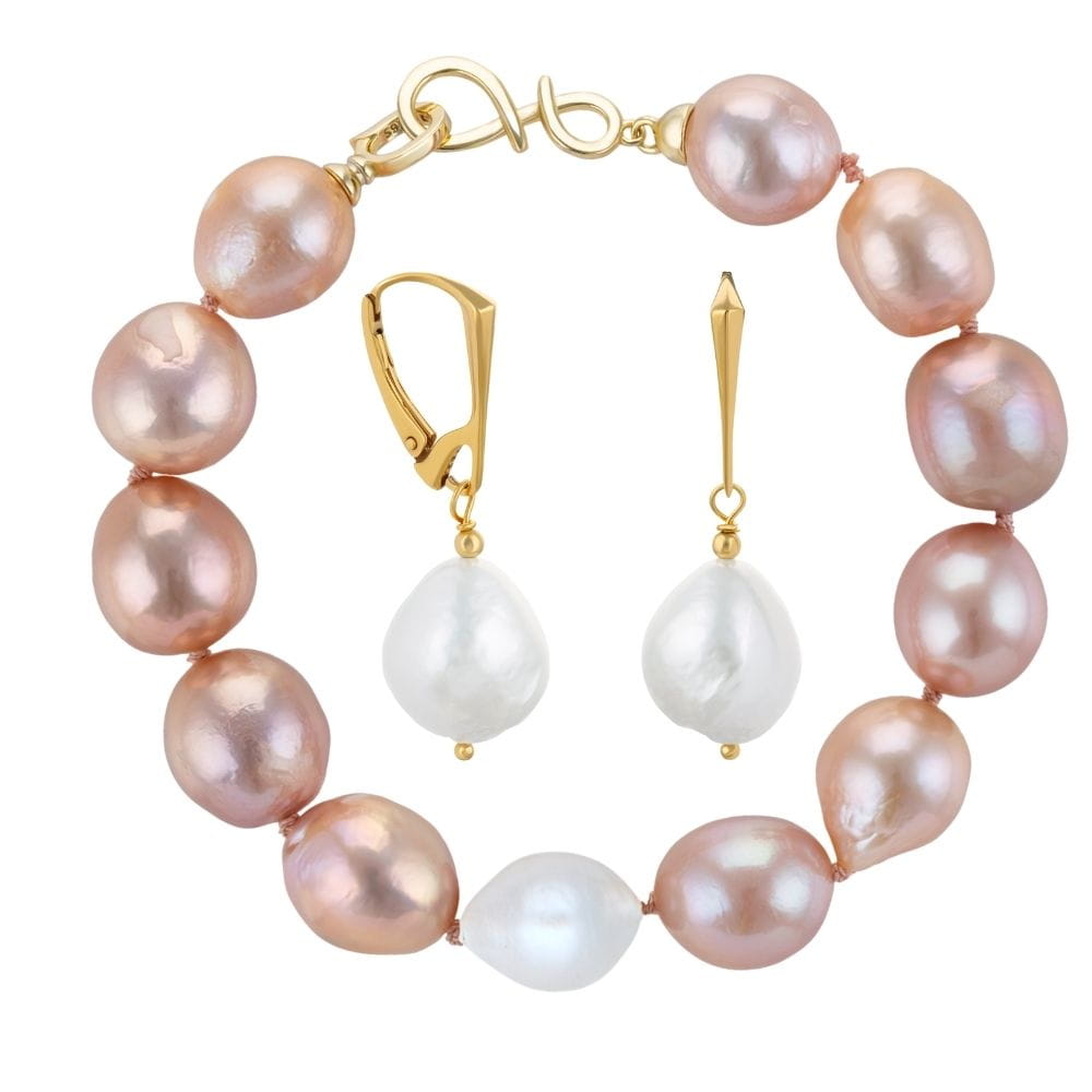 NELLIE ROSE DOT Komplet bransoletka kolczyki duże różowe białe perły barokowe owalne srebro 02