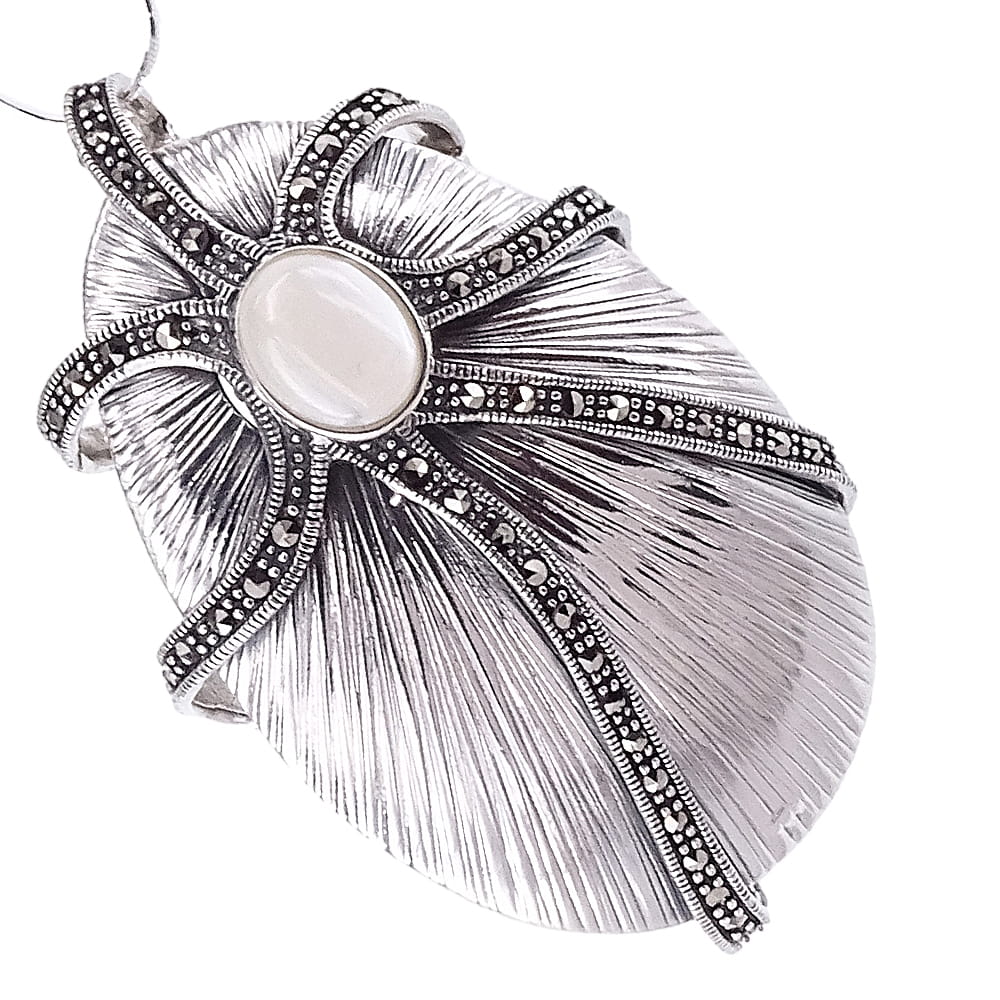 VEGA Srebrny naszyjnik wisiorek duży owal masa perłowa markazyty