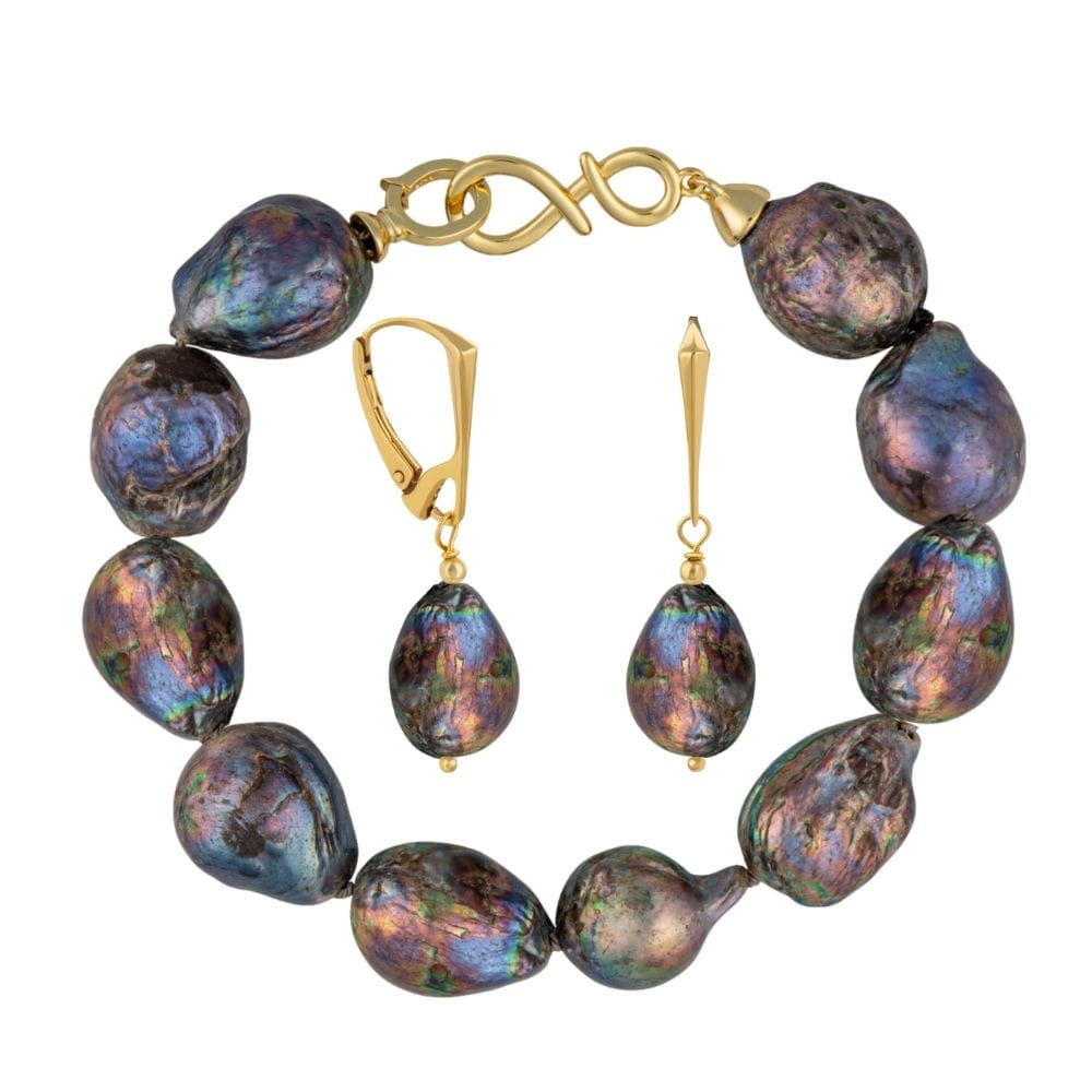 NELLIE NOIR Komplet bransoletka kolczyki duże czarne perły barokowe owalne srebro