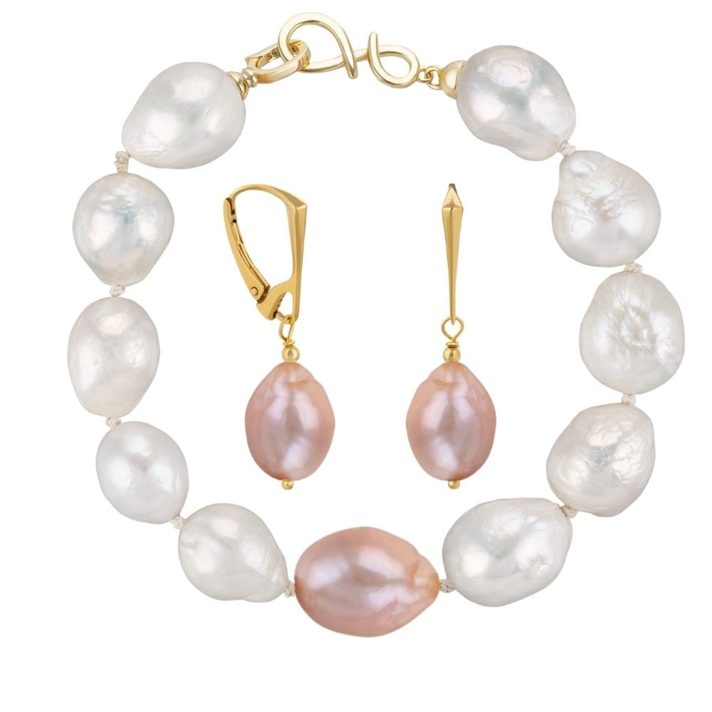 NELLIE DOT Komplet bransoletka kolczyki duże różowe białe perły barokowe owalne srebro 01