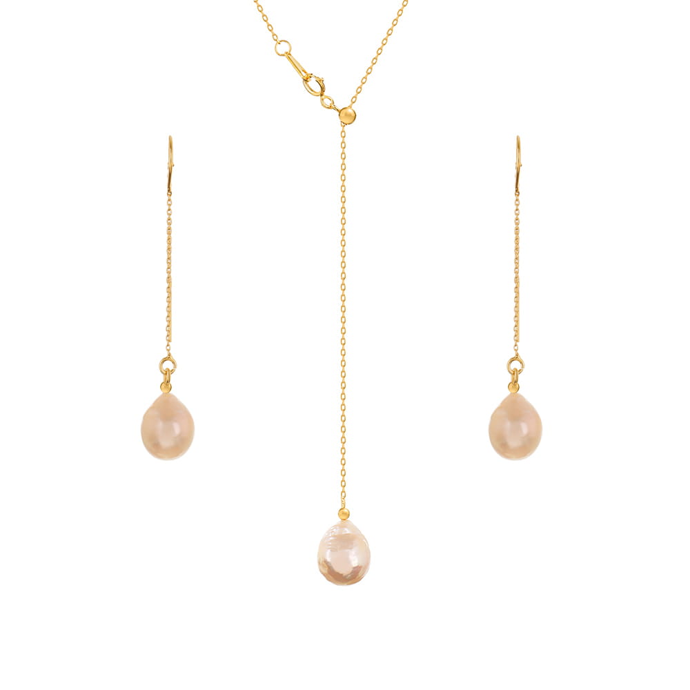 SILVIA Komplet naszyjnik kolczyki srebrny pozłacany perły duże różowe naturalne