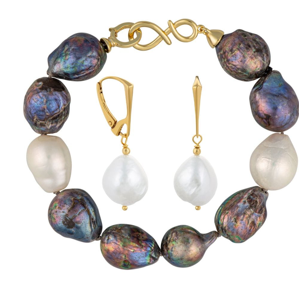 NELLIE NOIR DOT Komplet bransoletka kolczyki duże czarne białe perły barokowe owalne srebro 02