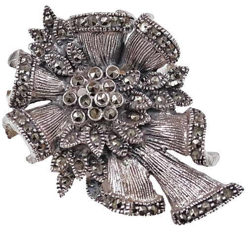 JANE Srebrna broszka z markazytami kokarda kotylion