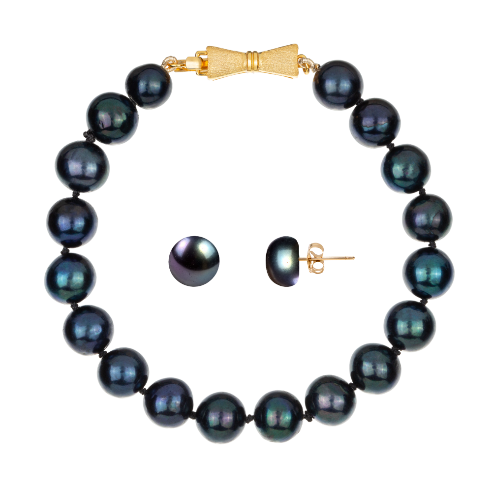 LAMAR NOIR Komplet bransoletka kolczyki czarne perły