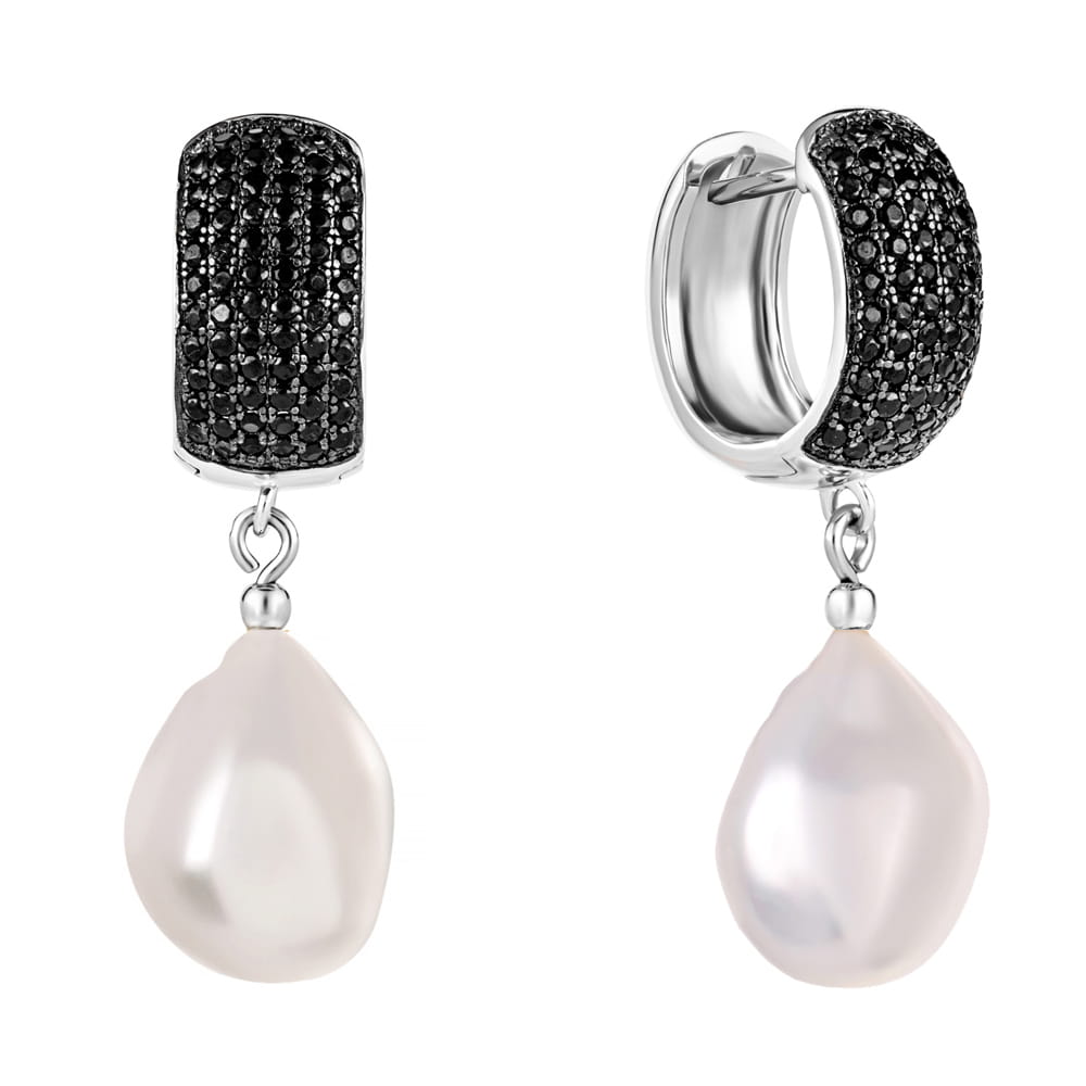 CRISTA NOIR Wiszące srebrne kolczyki perły duże kajdanki czarne cyrkonie