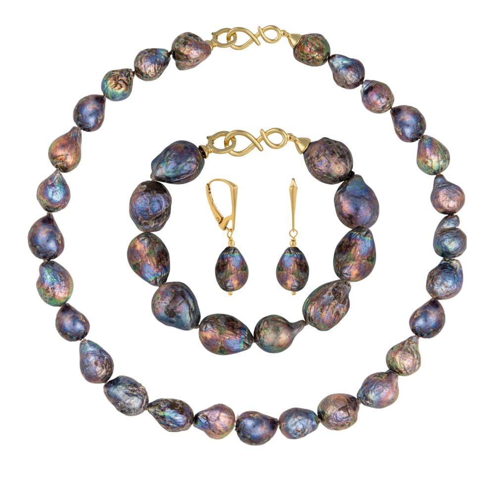 NELLIE NOIR Komplet naszyjnik bransoletka kolczyki duże perły barokowe czarne owalne srebro