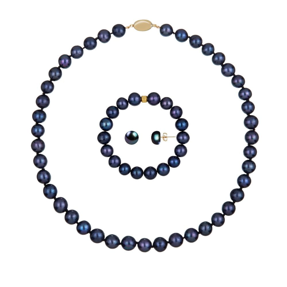 TAHA Komplet naszyjnik bransoletka kolczyki czarne perły naturalne 10 mm