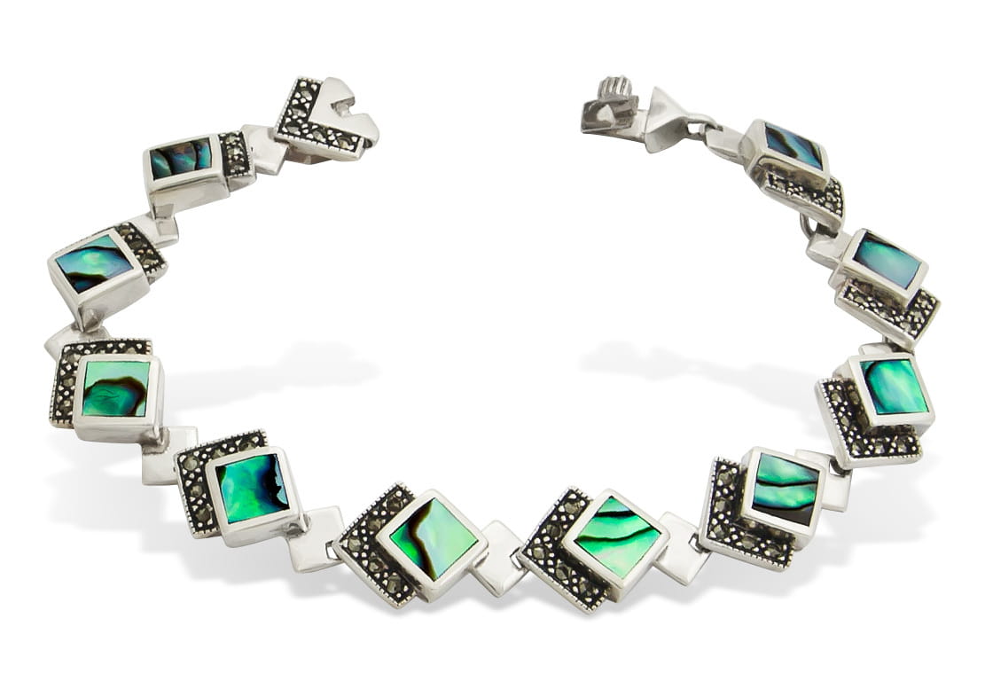 ZEW OCEANU Srebrna bransoletka szare perły Abalone markazyty