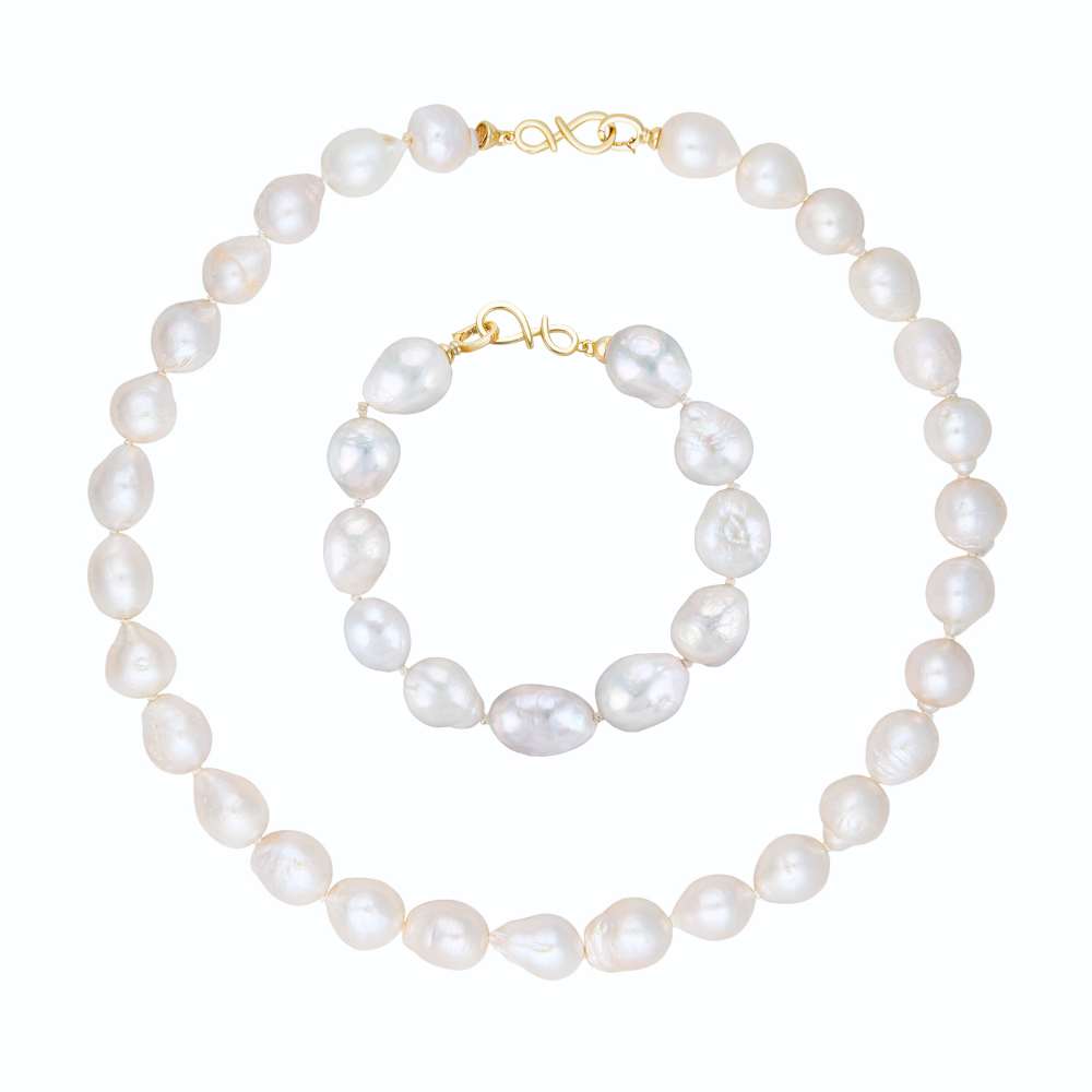 NELLIE Komplet naszyjnik bransoletka duże perły barokowe białe owalne srebro