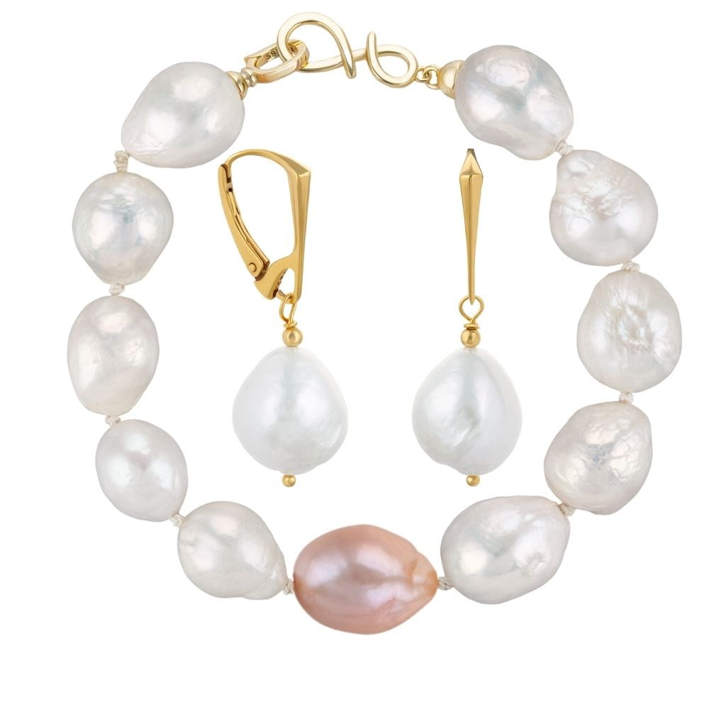 NELLIE DOT Komplet bransoletka kolczyki duże różowe białe perły barokowe owalne srebro 02