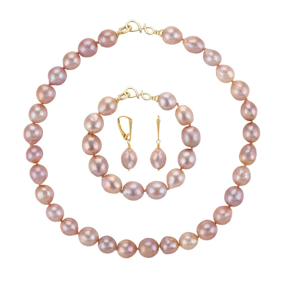 NELLIE Rose Komplet naszyjnik bransoletka kolczyki duże perły barokowe różowe owalne srebro
