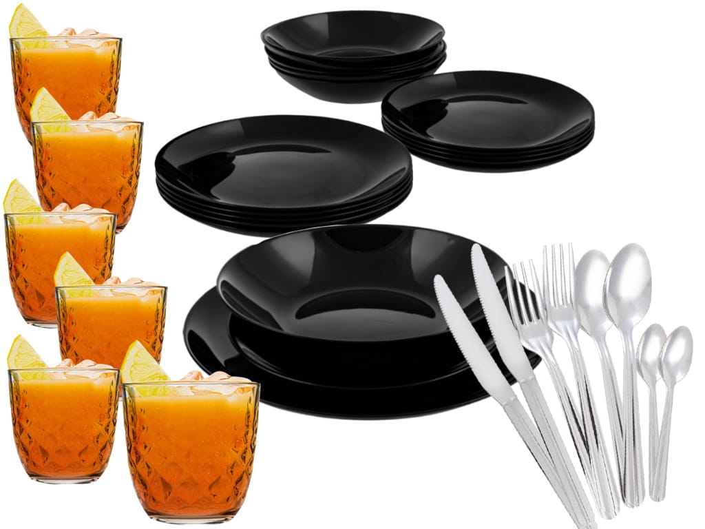 Zestaw obiadowy 48 elementów Luminarc czarne talerze sztućce szklanki dla 6 osób