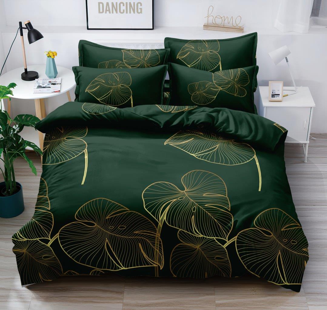 Pościel 160x200 bawełna satynowa 3D Cotton World gruba 3 części 2226 złote liście monstery