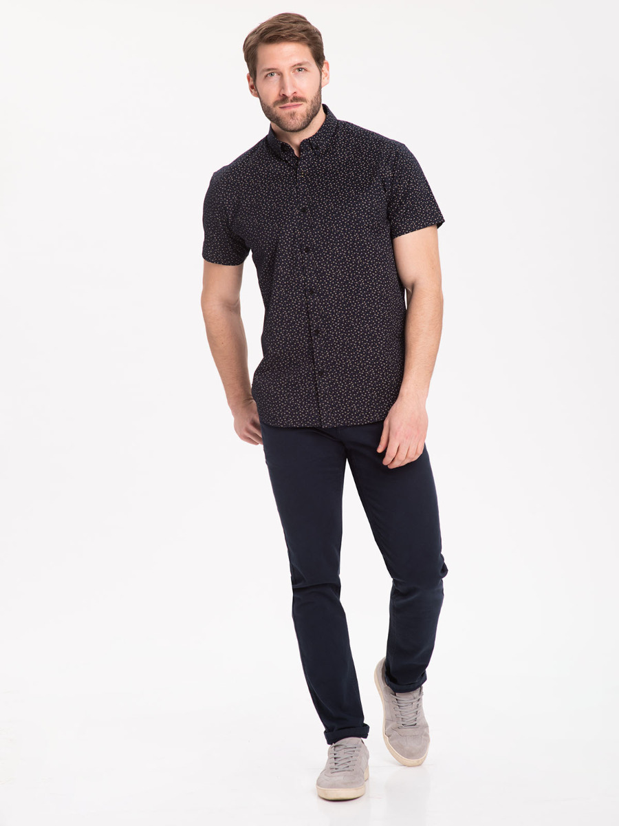 Granatowa koszula męska w kwiaty, krótki rękaw K-FEMO