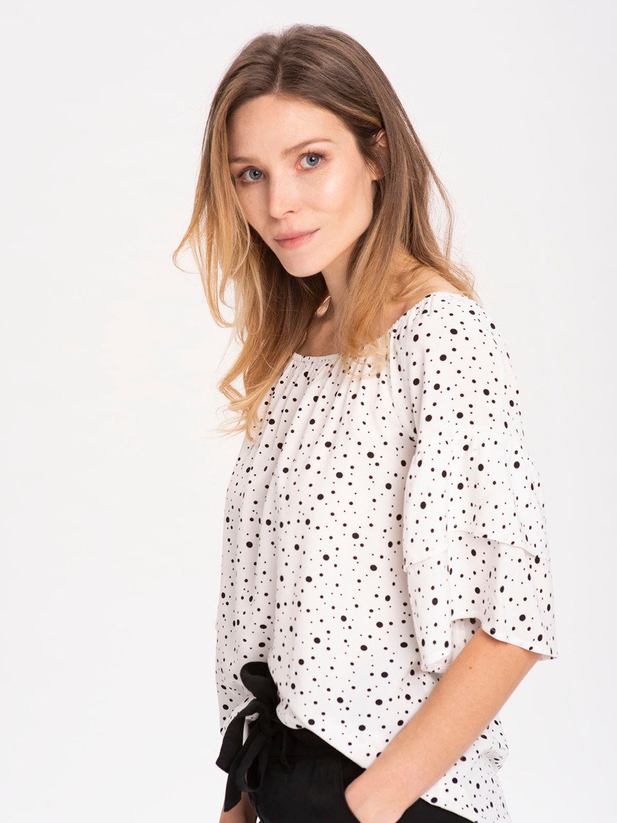 Biała bluzka damska w kropki, z falbankami K-LIDI