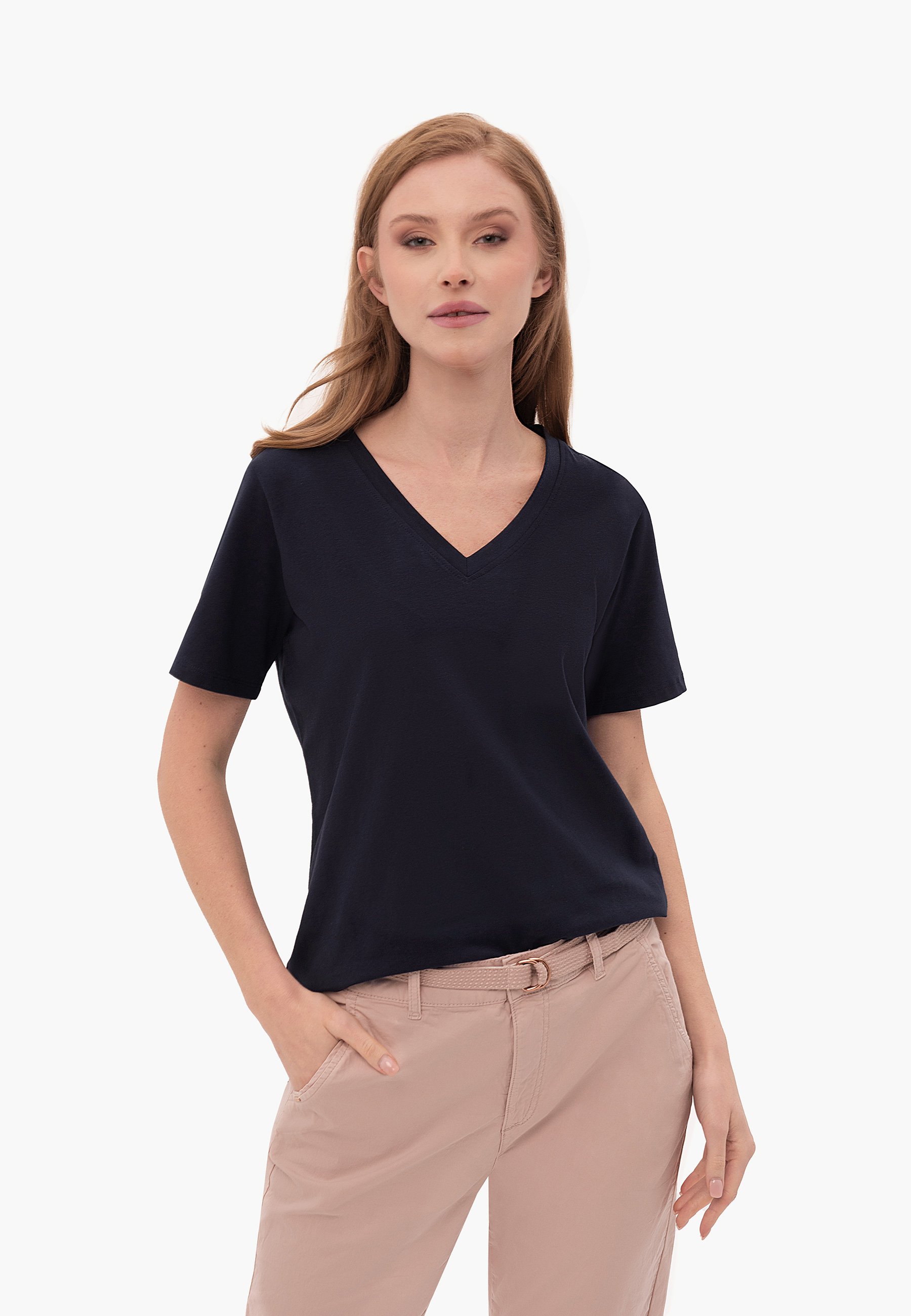 Granatowa koszulka z dekoltem w serek T-LEA