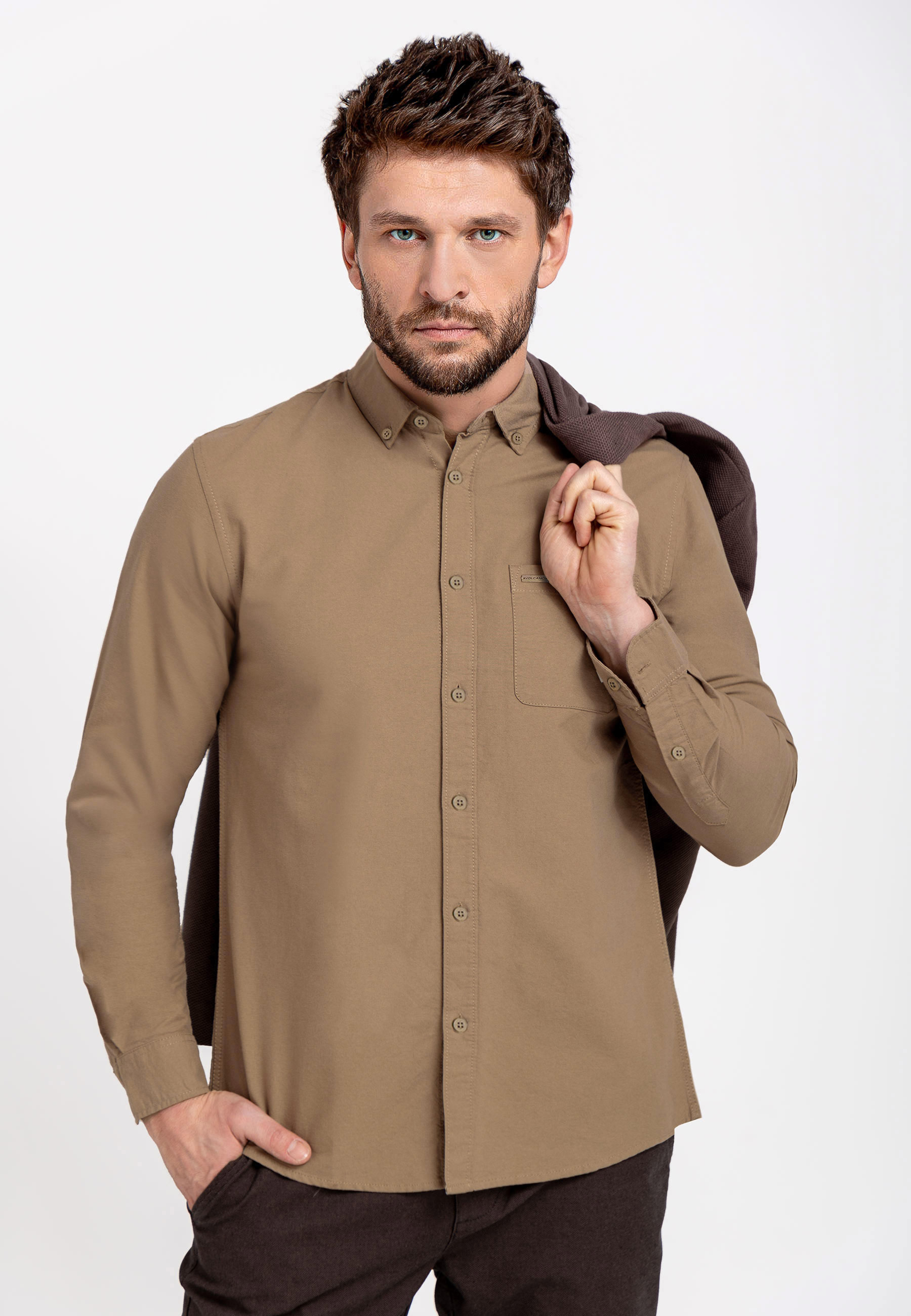 Beżowa, gładka koszula, Regular Fit, K-NESH