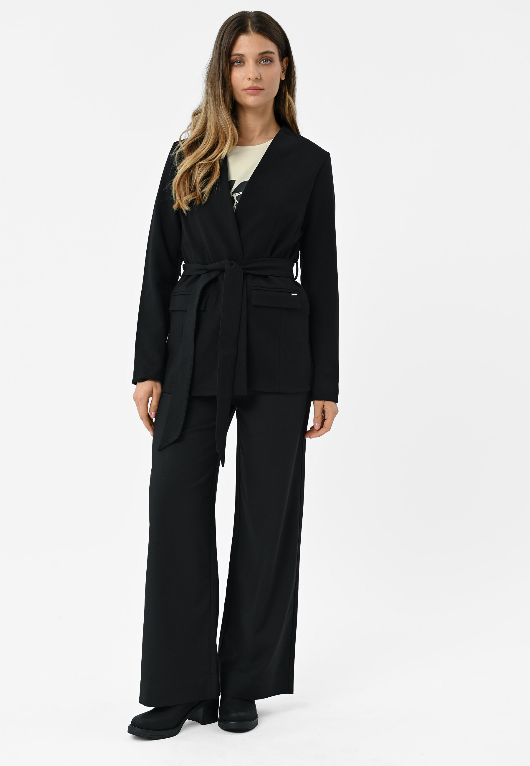 Materiałowe spodnie z szeroką nogawką R-HUS