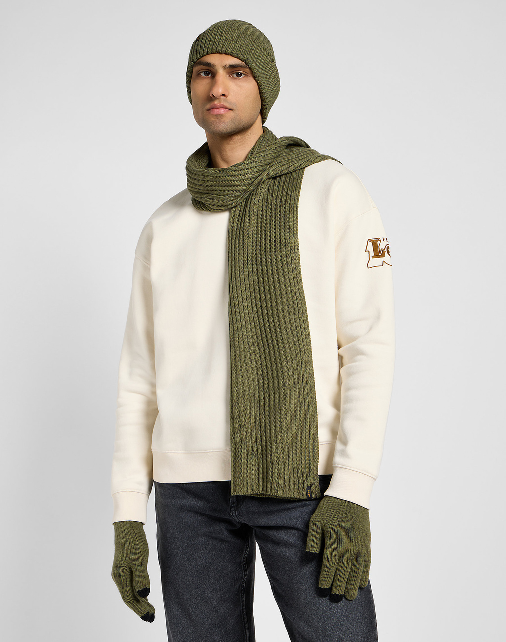 Męski zestaw zimowy LEE – czapka, szalik i rękawiczki zielone ( Green XMAS Pack 112358293)