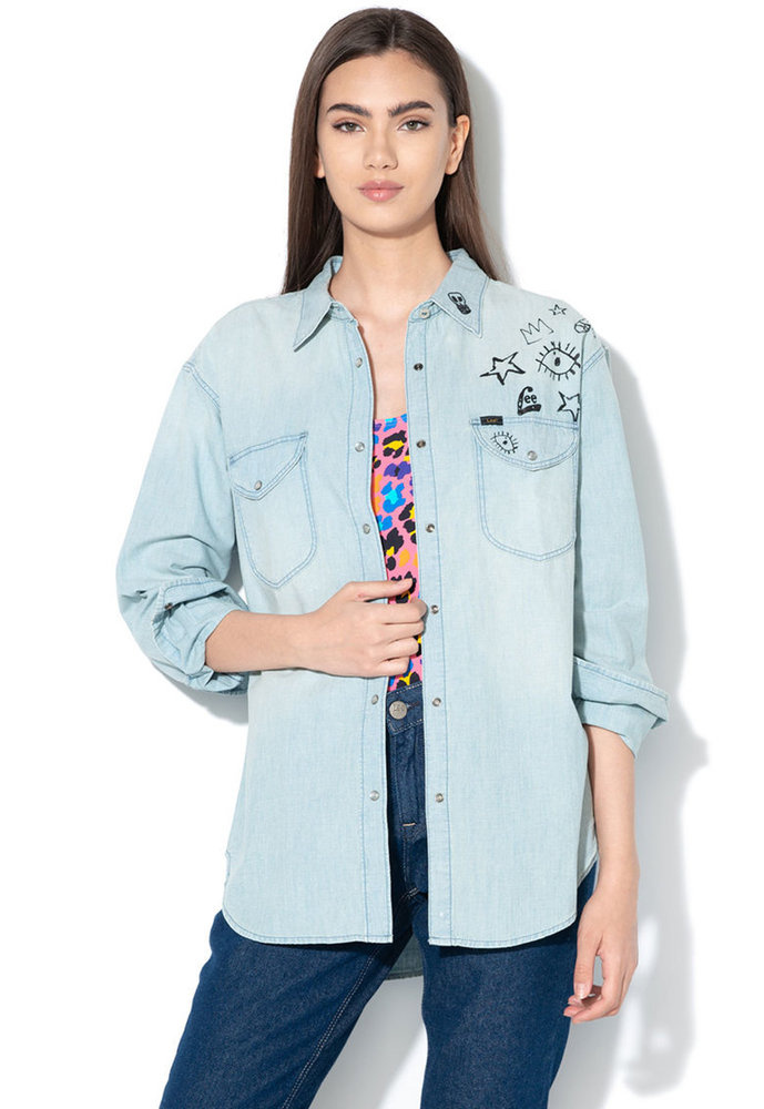 LEE OVERSIZED WESTERN DAMSKA KOSZULA JEANSOWA BLEACH DOODLE 112110292