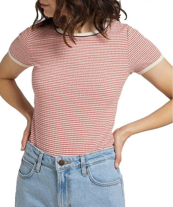 DAMSKI T-SHIRT LEE STRIPED RIBBED TEE AURORA RED L44SPFNV 112109978