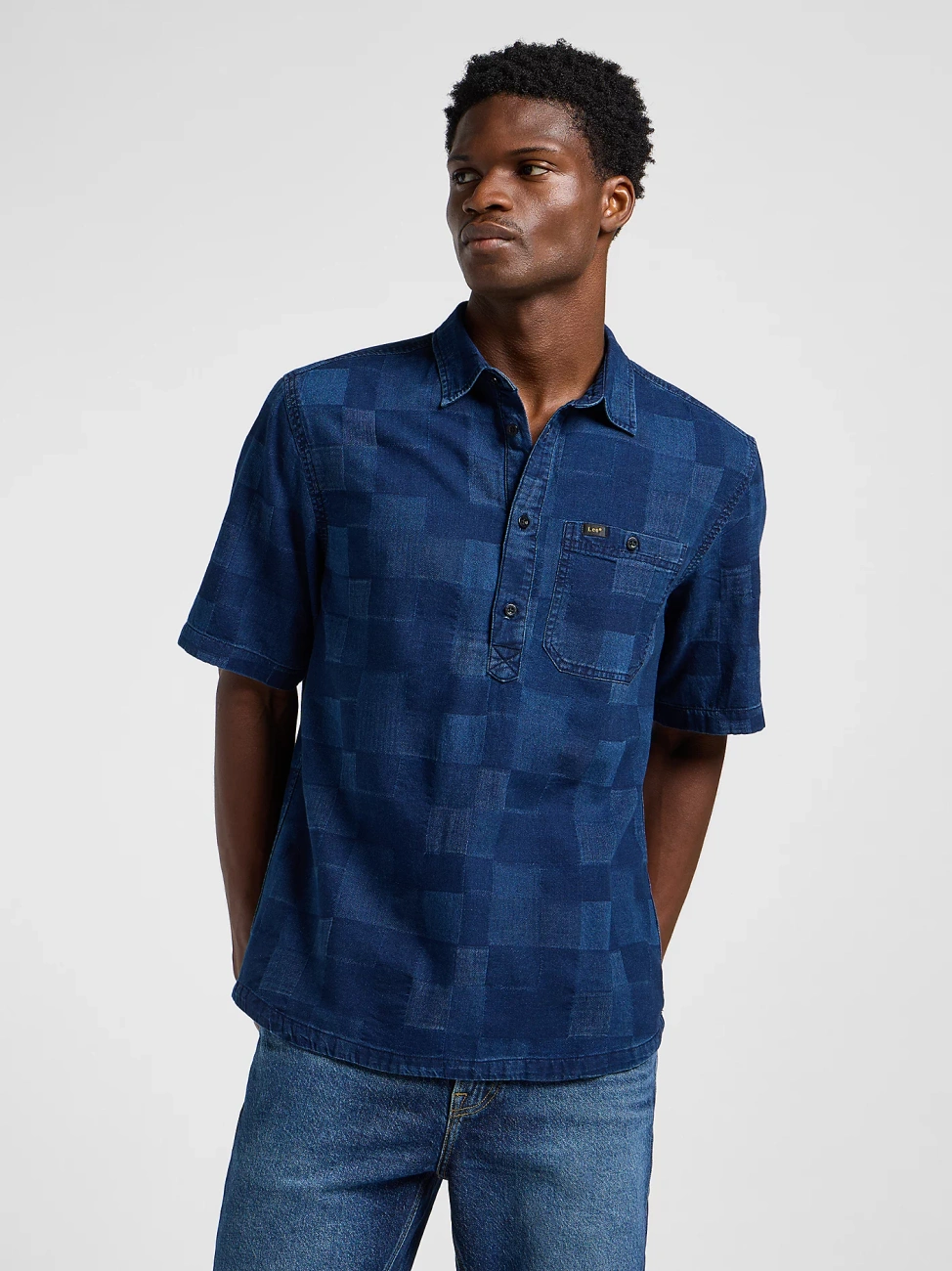 MESKA KOSZULA LEE POPOVER SHIRT SS INDIGO PATCHWORK DOBBY 112364121