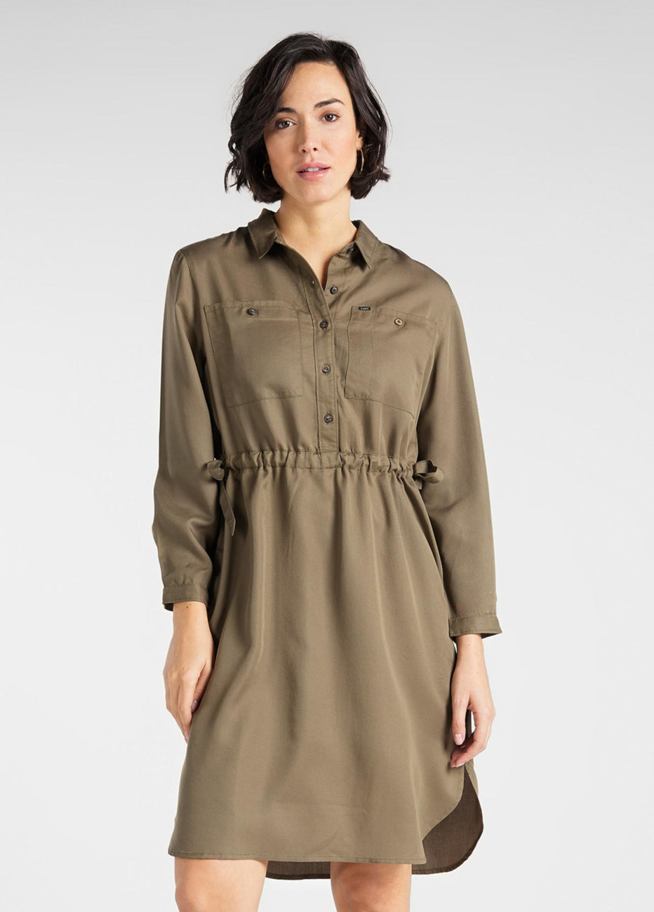 LEE 70s DRESS DAMSKA SUKIENKA KOSZULOWA OLIVE GREEN L50PJYNX 112111377