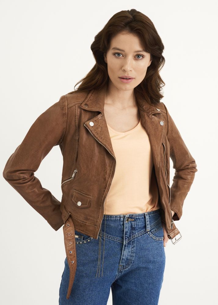 Brązowa skórzana ramoneska damska