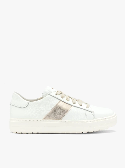 Białe skórzane półbuty z platynowym paskiem