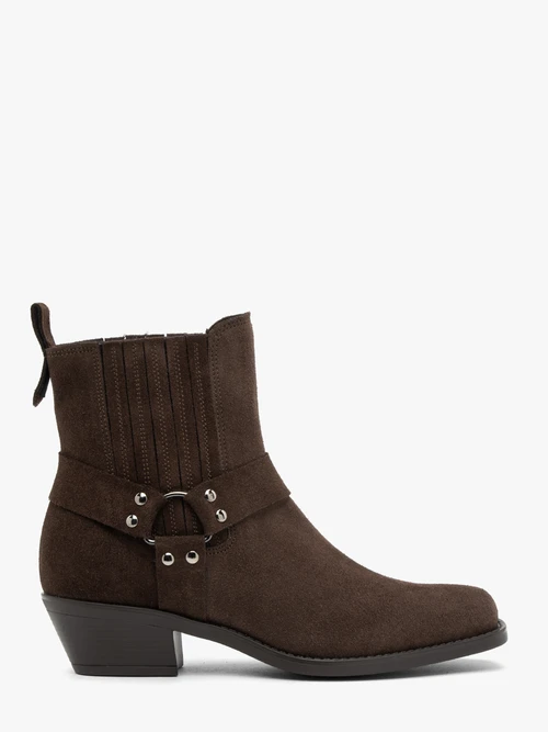 Brązowe sztyblety biker boots ze skóry welurowej