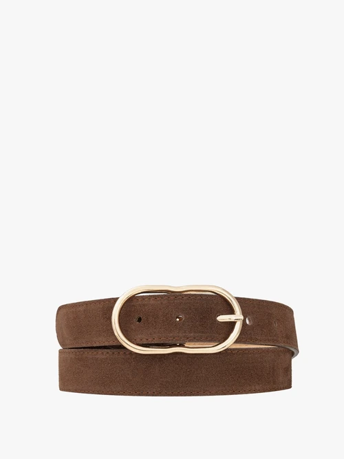 Jasnobrązowy welurowy pasek damski ze złotą klamrą