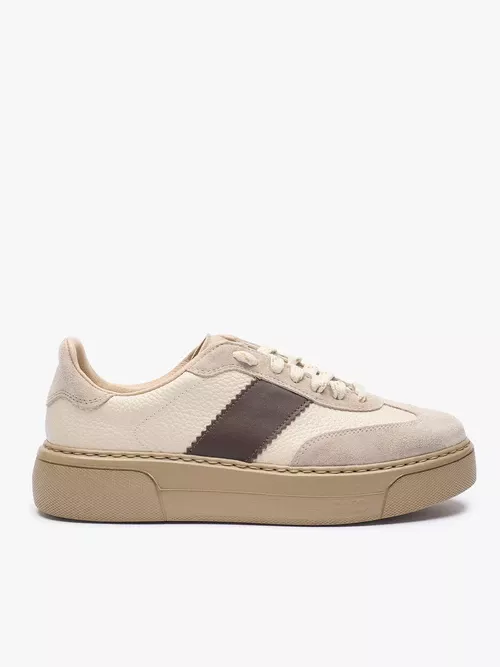 Beżowe sneakersy ze skóry licowej i welurowej