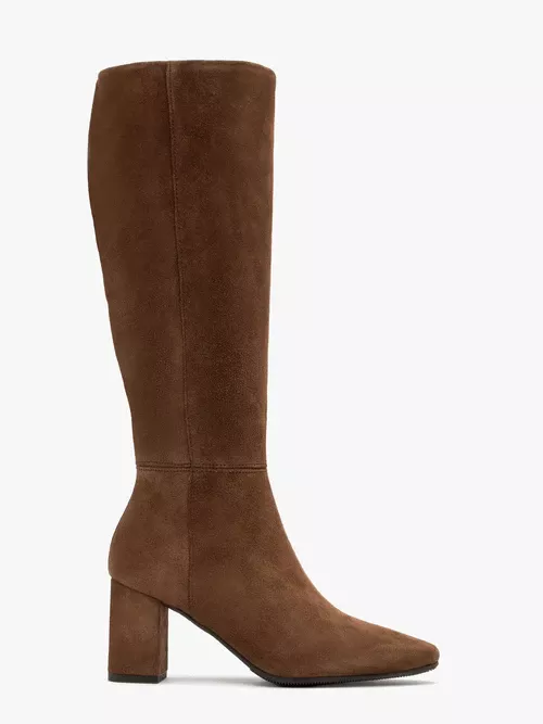 Brązowe kozaki ze skóry welurowej na słupkowym obcasie