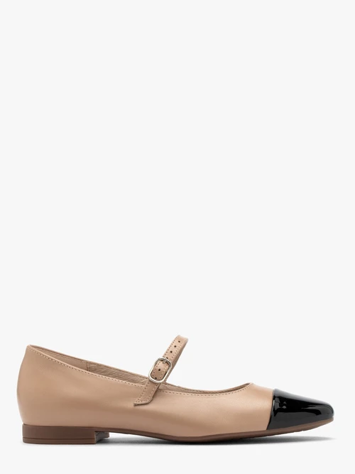 Beżowe baleriny z kontrastowym czarnym noskiem