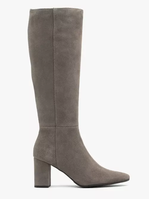 Szare kozaki na słupku ze skóry welurowej