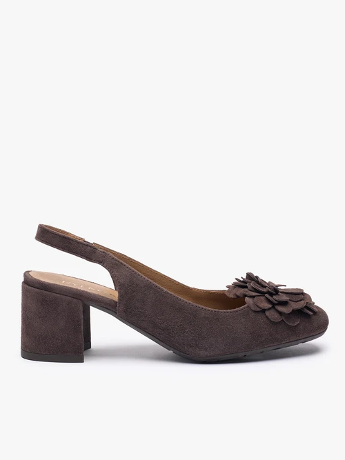 Ciemnobrązowe czółenka bez pięty slingback z kwiatem