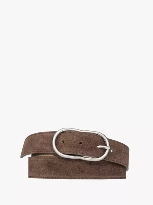 Brązowy welurowy pasek damski ze srebrną klamrą