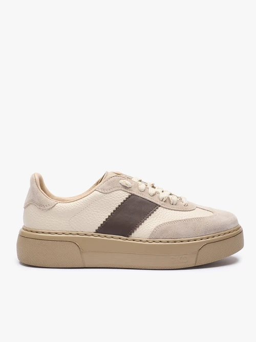 Beżowe sneakersy ze skóry licowej i welurowej