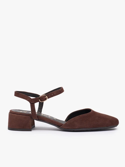 Ciemnobrązowe czółenka slingback na niskim słupku