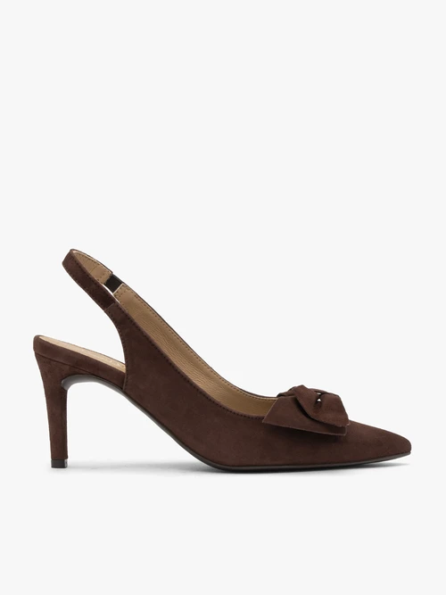 Welurowe czółenka typu slingback z kokardą